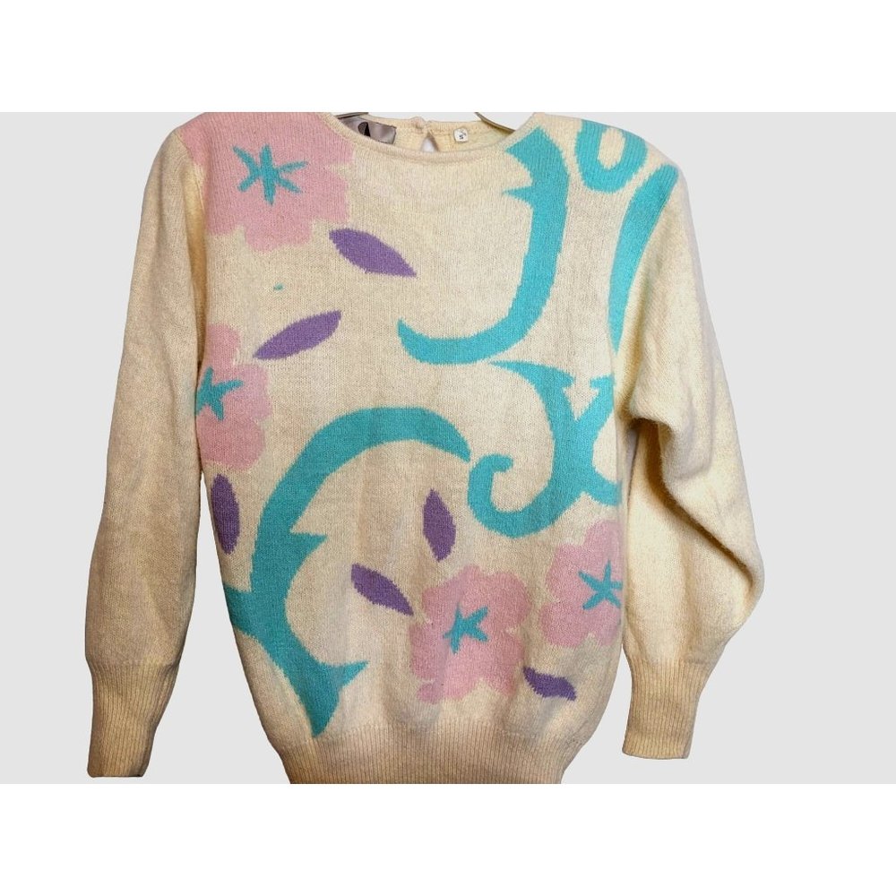 Vintage Sweater Christian Aujard Pastel Abstract Pullover Small Shoulder Pads